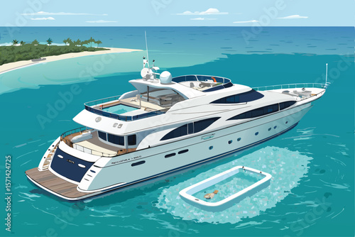 Vector luxury yacht with a mini swimming pool onboard, sleek design, sunny day, turquoise water.
