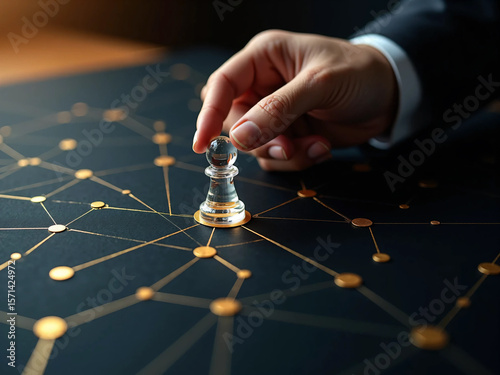 Top-down concept of a strategic planning network with gold route lines on a black background, pawns as decision points, and a hand making a move, symbolizing leadership, logic, and direction