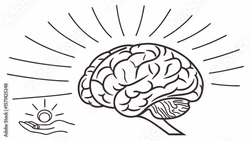 Illustration of a brain with radiating lines and a hand offering a pill or coin with rays of light
