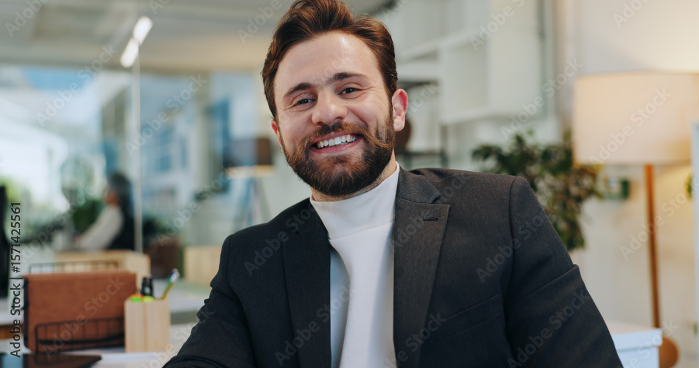 Fototapeta premium Happy, professional and portrait of businessman in office with confidence for creative career. Smile, positive attitude and male magazine editor from Italy with pride for job opportunity in workplace