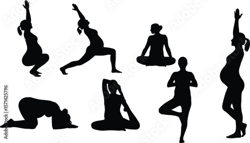 Prenatal yoga poses for healthy pregnancy exercise silhouette vector art
