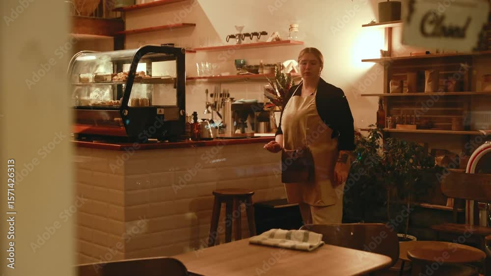 The female owner carries a laptop from the table to the bar counter and wipes the tables with a male employee