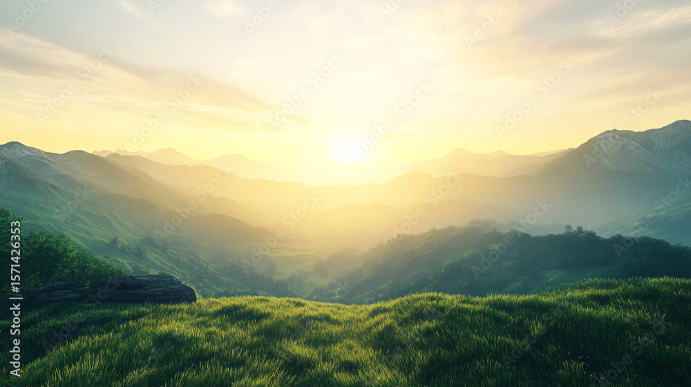 Obraz premium realistic wide-angle view of green mountains and valley at sunrise, misty atmosphere and warm light