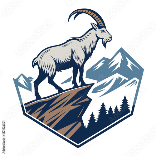 A minimalist depiction of a mountain goat standing gracefully on a jagged rocky cliff edge.