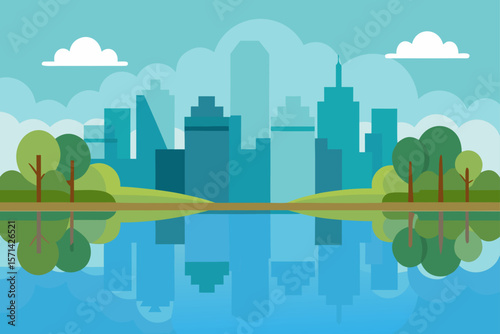 Calm Urban Lake In The Park Reflecting Nearby Sky