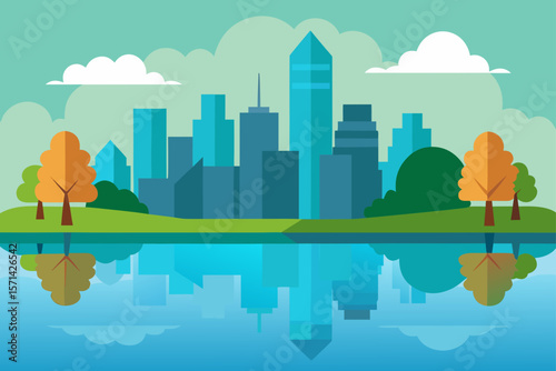 Calm Urban Lake In The Park Reflecting Nearby Sky