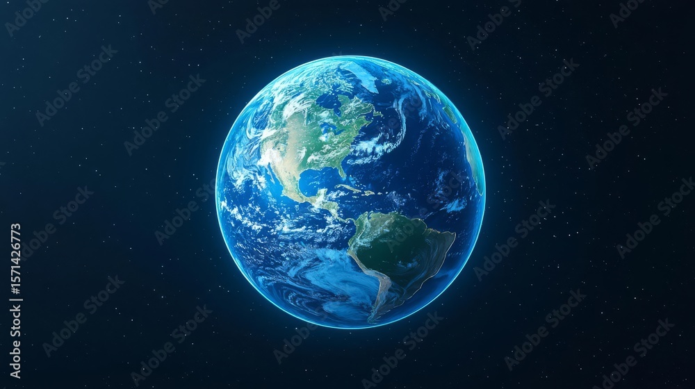 Fototapeta premium Stunning view of Earth from space, showcasing blue oceans and green continents surrounded by starry backdrop.