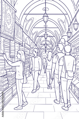 People shopping in covered bazaar in vintage line art style