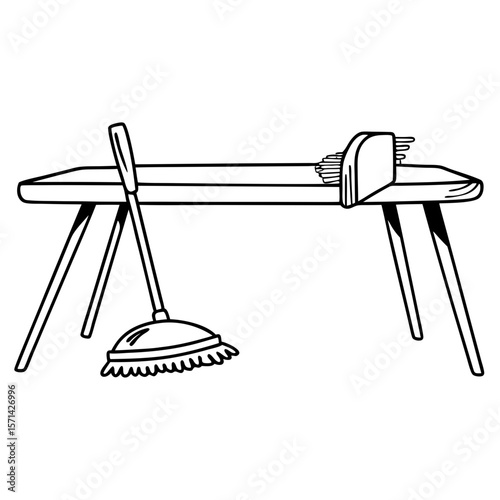 Simple drawing of a ironing board and a broom silhouette