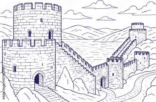 Great Wall of China in mountainous landscape in line art style