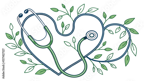 Stethoscope and heart shape with leaves illustration for medical and healthcare related designs and concepts