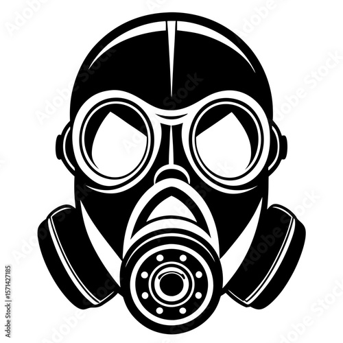 Stylized black gas mask silhouette with white accents