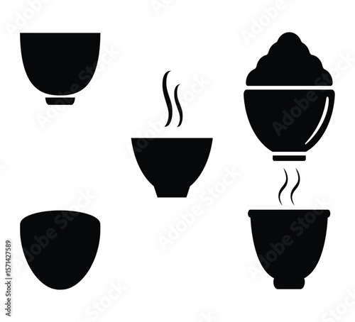 Vector Silhouettes of Bowls and Dishes with Steam – Hot Food Icons on White Background