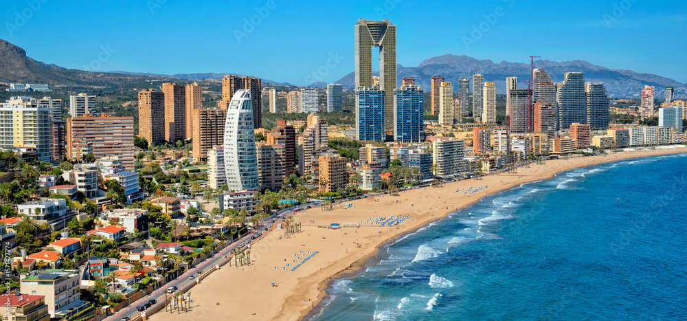 Naklejka premium Spain. Beach seaside resort Benidorm. Travel and tourism in the paradise Spanish cities 