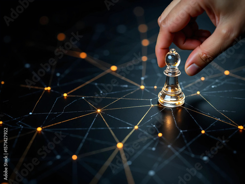 Top-down concept of a strategic planning network with gold route lines on a black background, pawns as decision points, and a hand making a move, symbolizing leadership, logic, and direction