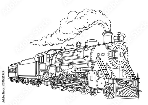Detailed Line Drawing of a Vintage Steam Locomotive