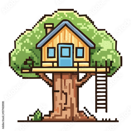 Detailed pixel art illustration of a charming wooden treehouse with a blue door nestled within lush green foliage