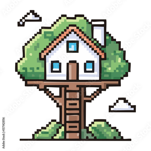 Charming pixel art illustration of a cozy treehouse nestled in green foliage with a ladder and small clouds