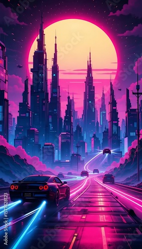 A futuristic cityscape features a car driving on a neon-lit road.