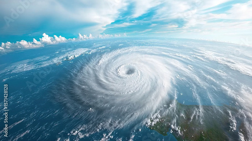 Aerial view of massive hurricane swirling over ocean, showcasing its powerful structure and threatening presence. dramatic cloud formations and vibrant blue waters evoke sense of awe and danger