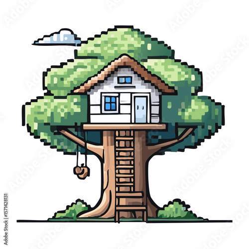Vibrant pixel art illustration of a charming treehouse with a swing and small cloud, ideal for a child's hideaway