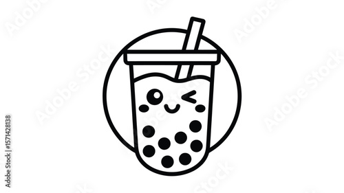 A black and white line drawing of a boba tea with a straw and a cute winking face inside a circle