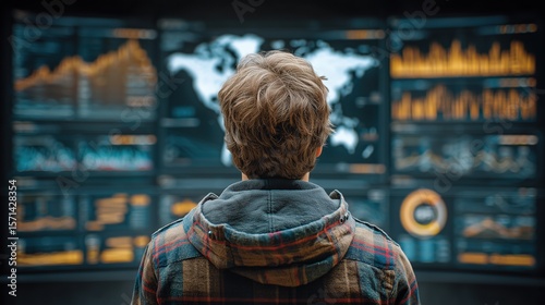 Back view of businessperson looking at large screen