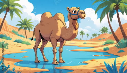 Camel in a desert landscape with sand dunes and a small oasis surrounded by palm trees. Vector cartoon illustration