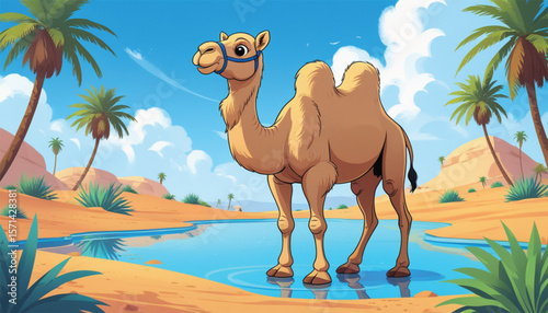 Camel in a desert landscape with sand dunes and a small oasis surrounded by palm trees. Vector cartoon illustration
