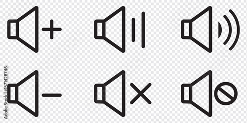 Speaker Set Icon. Sound Icon. volume icon vector illustration. Speaker volume icons with sound waves. Volume up, down, and mute collection. 