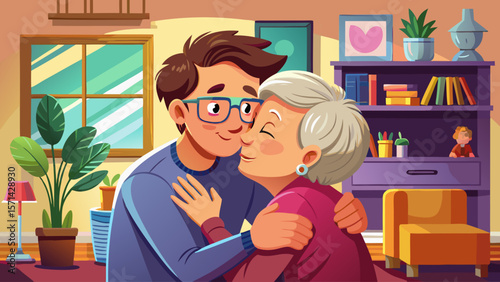 Touching care. Affectionate grateful young adult son embrace smiling elder age retired mother in glasses give mum tender kiss in living room express love sincere gratitude for kindness understanding
