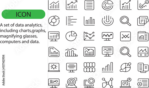 A set of data analytics, including charts, magnifying glass, computers, and data editable icon.