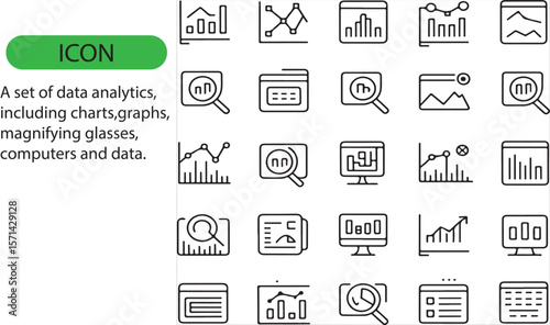 A set of data analytics, including charts, magnifying glass, computers, and data editable icon.