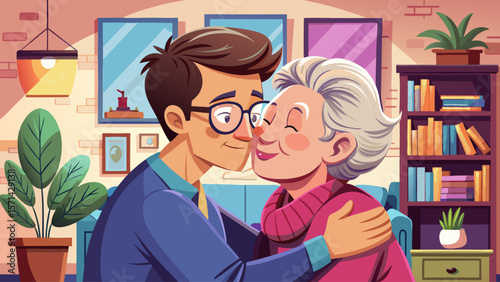 Touching care. Affectionate grateful young adult son embrace smiling elder age retired mother in glasses give mum tender kiss in living room express love sincere gratitude for kindness understanding
