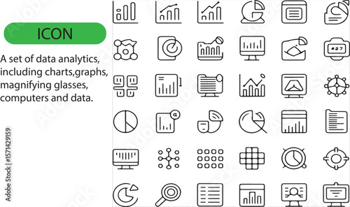 A set of data analytics, including charts, magnifying glass, computers, and data editable icon.
