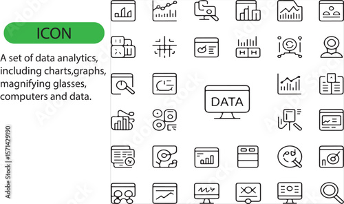 A set of data analytics, including charts, magnifying glass, computers, and data editable icon.