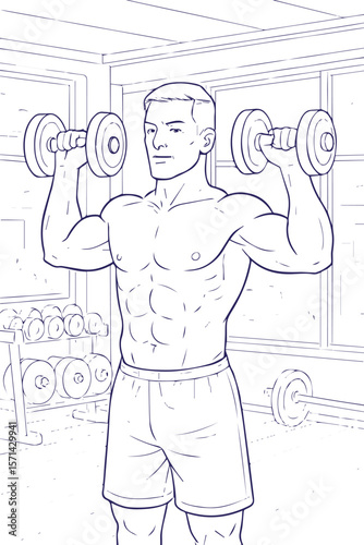 Man lifting dumbbells in gym line art style with indoor background