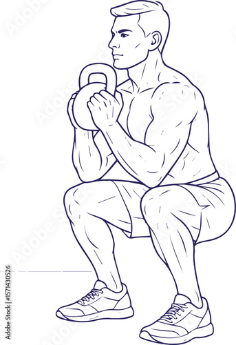Man doing goblet squat with kettlebell in fitness line art style