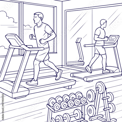 People running on treadmills in gym line art style with dumbbells