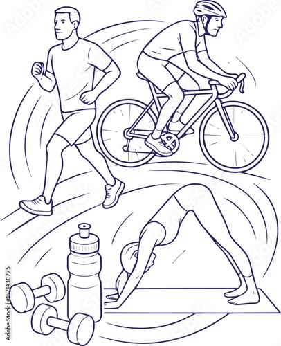 People exercising in line art style with yoga, running, and cycling