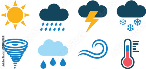 Weather Icons Sun, Rain, Snow, Wind, and Storm Illustrations