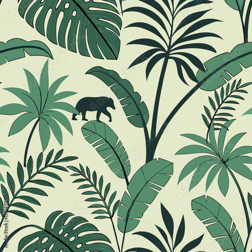 Seamless pattern with tropical plants and a black bear walking, beige background