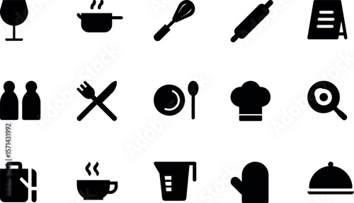 Restaurant & Kitchen Silhouette Icon Bundle – Cooking Utensils, Chef Hat, Fork & Knife, Wine Glass, Frying Pan, Teacup, Cutting Board, Menu, Measuring Cup, Rolling Pin, Cloche, Whisk, Salt & Pepper, O