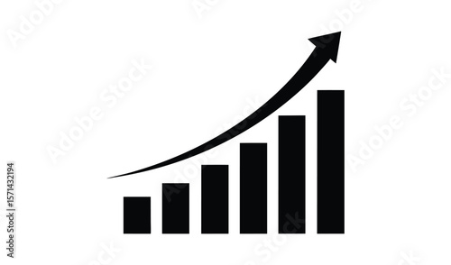 Black bar graph with upward trending arrow indicating growth and progress