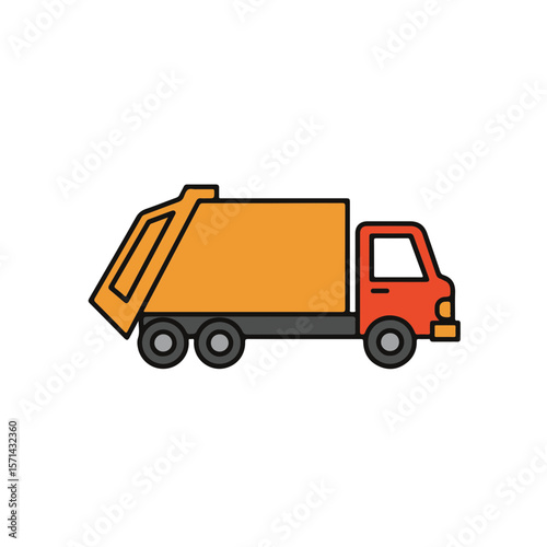 An illustration of a clean and stylized garbage truck in yellow and red. 