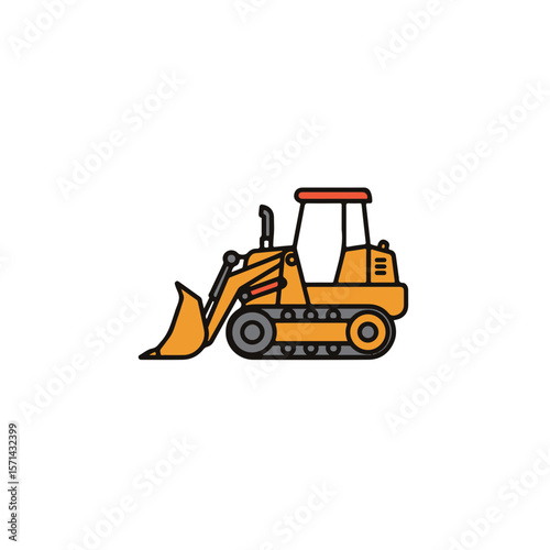An illustrated bulldozer in orange, isolated on a plain backdrop.