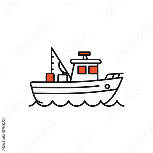A simple line drawing of a fishing boat sailing on the water.