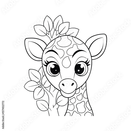 Adorable baby giraffe with long eyelashes peeking out from behind something