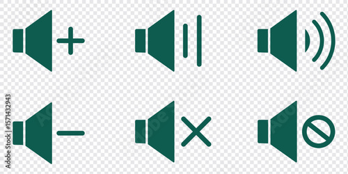 Speaker icon set. Volume voice control on off mute symbol. Speaker audio icon set. Volume icon vector. loudspeaker icon vector. Mute and unmute volume sound vector icons for video apps and websites.