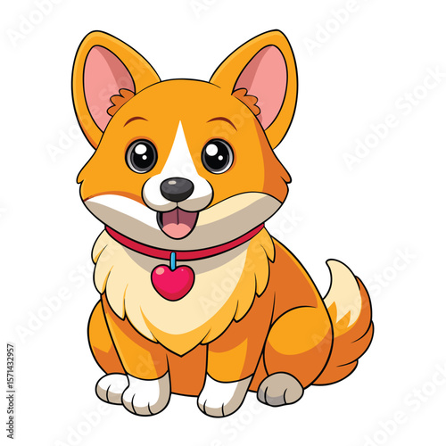 Cute corgi with wagging tail and heart shaped tag illustration